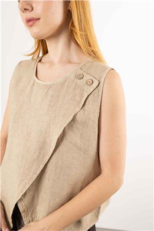 Yakası Düğme Detaylı Keten Bluz
