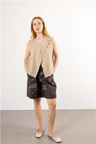 Yakası Düğme Detaylı Keten Bluz