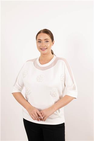 Yakası Tüllü Çiçek Ve Taş Baskılı Cepleri Taşlı Bluz