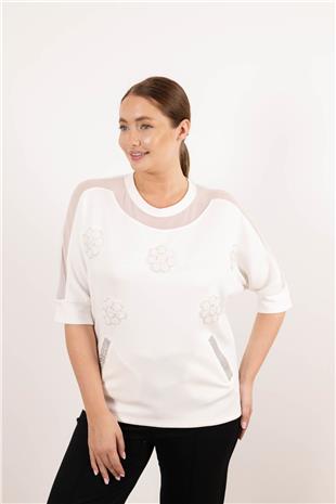 Yakası Tüllü Çiçek Ve Taş Baskılı Cepleri Taşlı Bluz