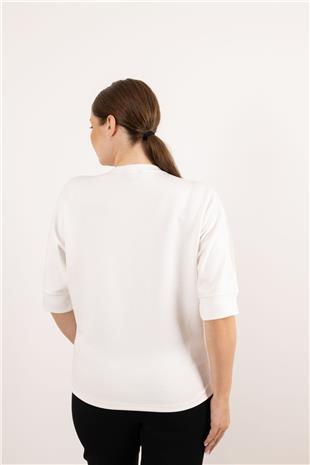 Yakası Tüllü Çiçek Ve Taş Baskılı Cepleri Taşlı Bluz