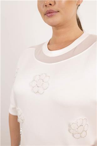 Yakası Tüllü Çiçek Ve Taş Baskılı Cepleri Taşlı Bluz