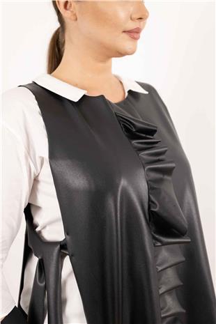 Yanları Bağlama Detaylı Önü Büzğülü Deri Yelek