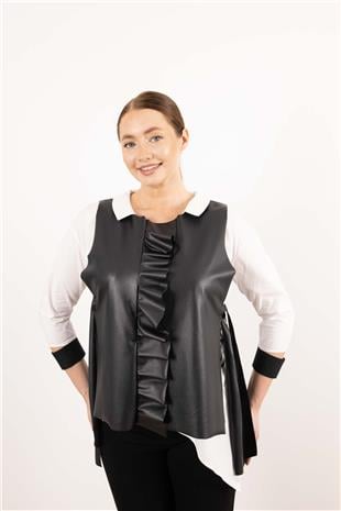 Yanları Bağlama Detaylı Önü Büzğülü Deri Yelek