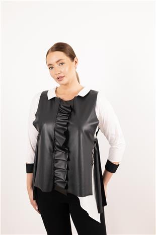 Yanları Bağlama Detaylı Önü Büzğülü Deri Yelek