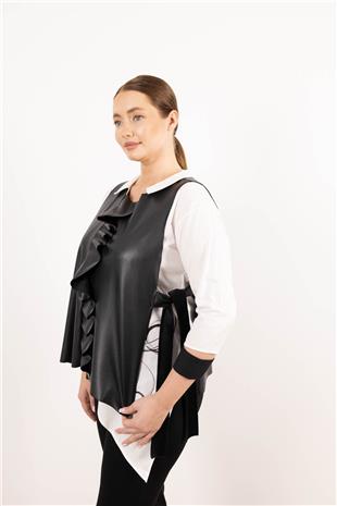 Yanları Bağlama Detaylı Önü Büzğülü Deri Yelek