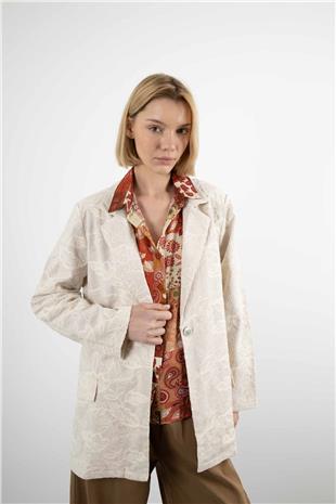 Yaprak Nakış İşleme Detay Keten Blazer