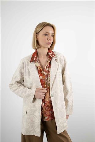 Yaprak Nakış İşleme Detay Keten Blazer