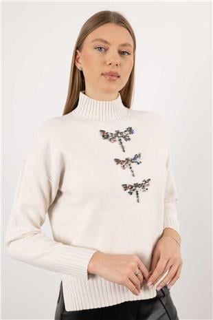 Yarım Balıkçı Yaka Detay Taş İşlemeli Uzun Kollu Triko