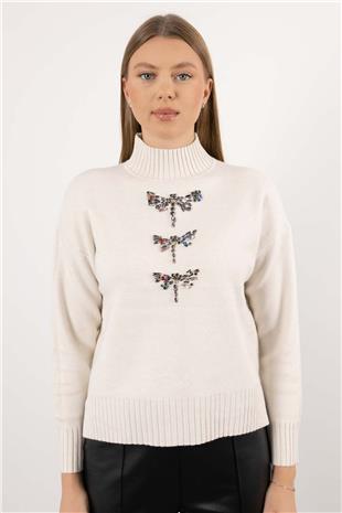 Yarım Balıkçı Yaka Detay Taş İşlemeli Uzun Kollu Triko