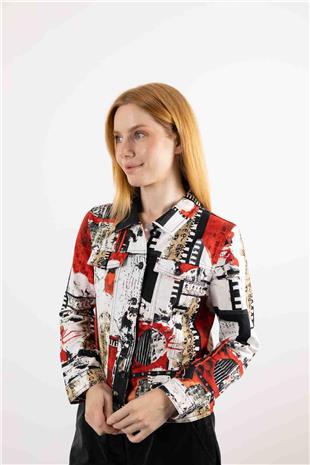 Yazı Baskı Desenli Cepli Örme Ceket