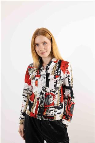 Yazı Baskı Desenli Cepli Örme Ceket