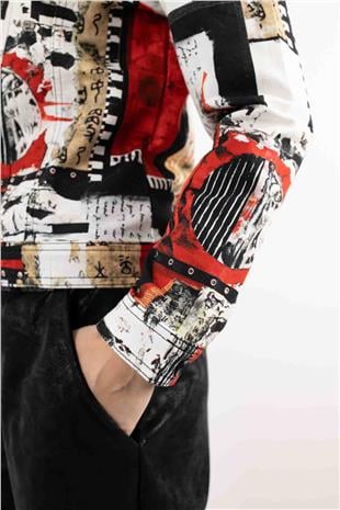 Yazı Baskı Desenli Cepli Örme Ceket