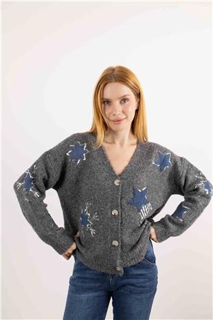 Yıldız Baskı Ve Pul Payetli Düğmeli Hırka