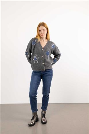 Yıldız Baskı Ve Pul Payetli Düğmeli Hırka