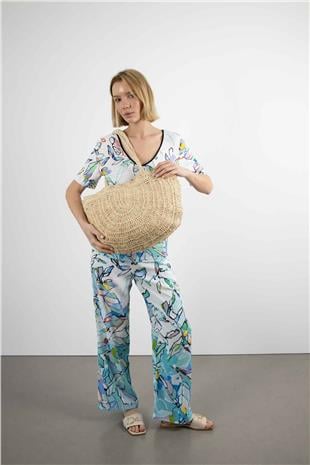 Yuvarlak Desen Hasır Omuz Çantası