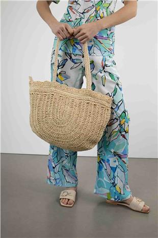 Yuvarlak Desen Hasır Omuz Çantası