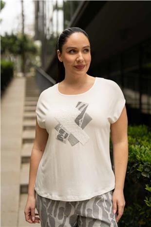 Yuvarlak Yaka Zebra Garnili Pul Aplikeli Kadın Bluz