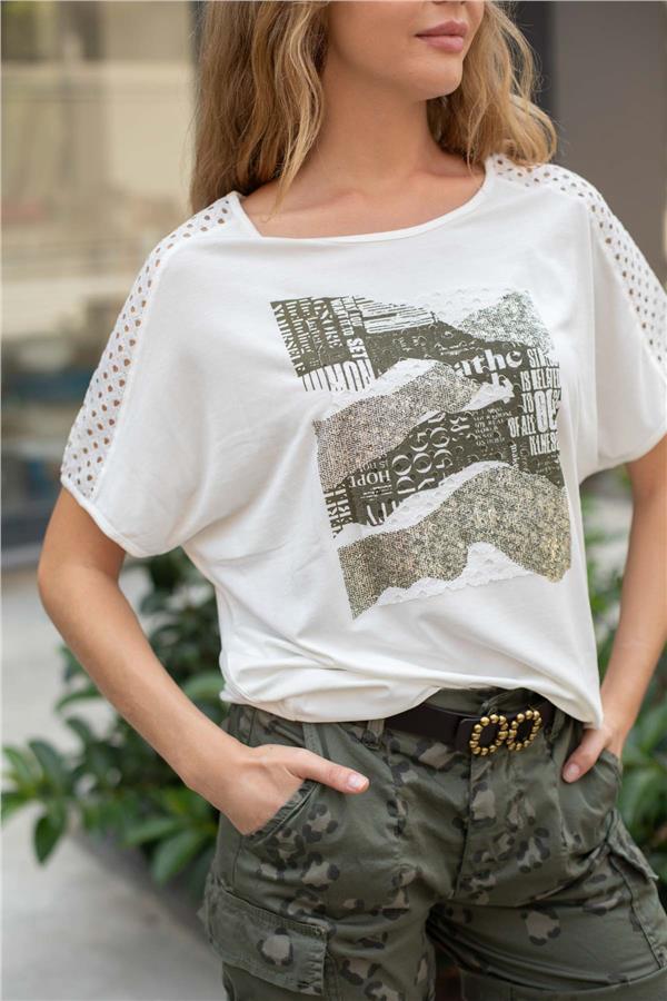 Kolları Brodeli Baskılı Tshirt