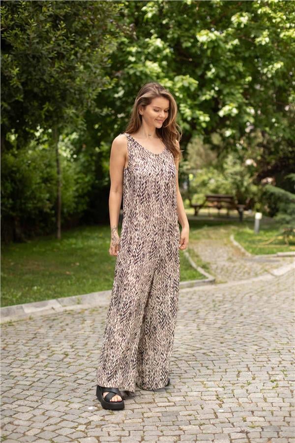 Leopar Desen Askılı Tulum