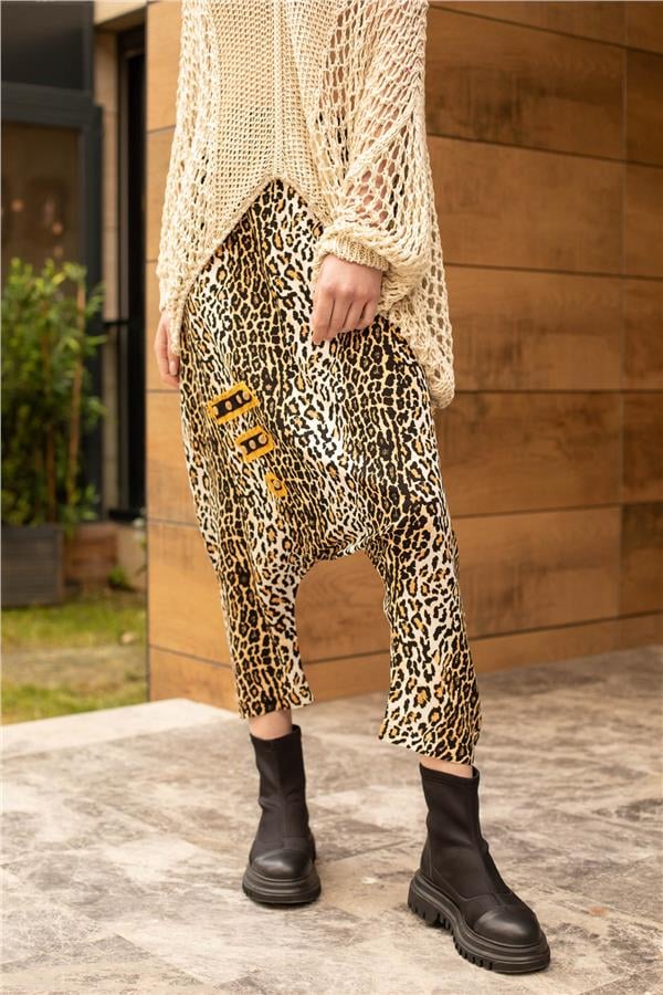 Leopar Desen Düğme Detay Şalvar