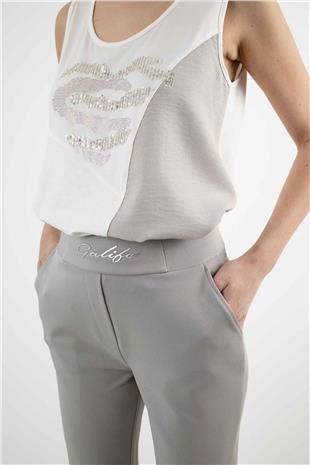Bel Lastik Ve Yazı Detaylı Paça Çıtçıtlı Pantolon