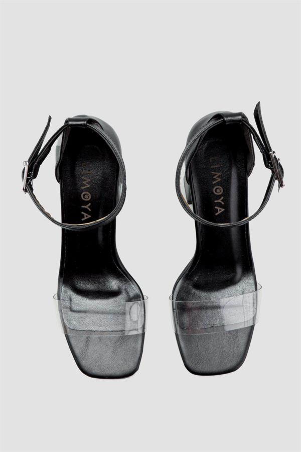 Bess Siyah Şeffaf Bant Bilekten Baretli Kare Burun Topuklu Ayakkabı