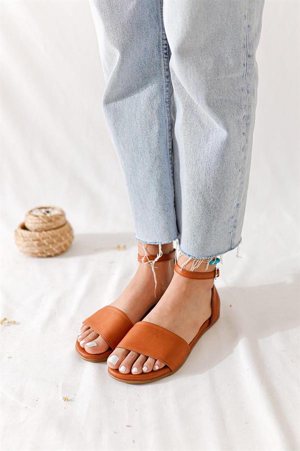 Hakiki Deri Kelly Taba Tek Bantlı Comfort Sandalet