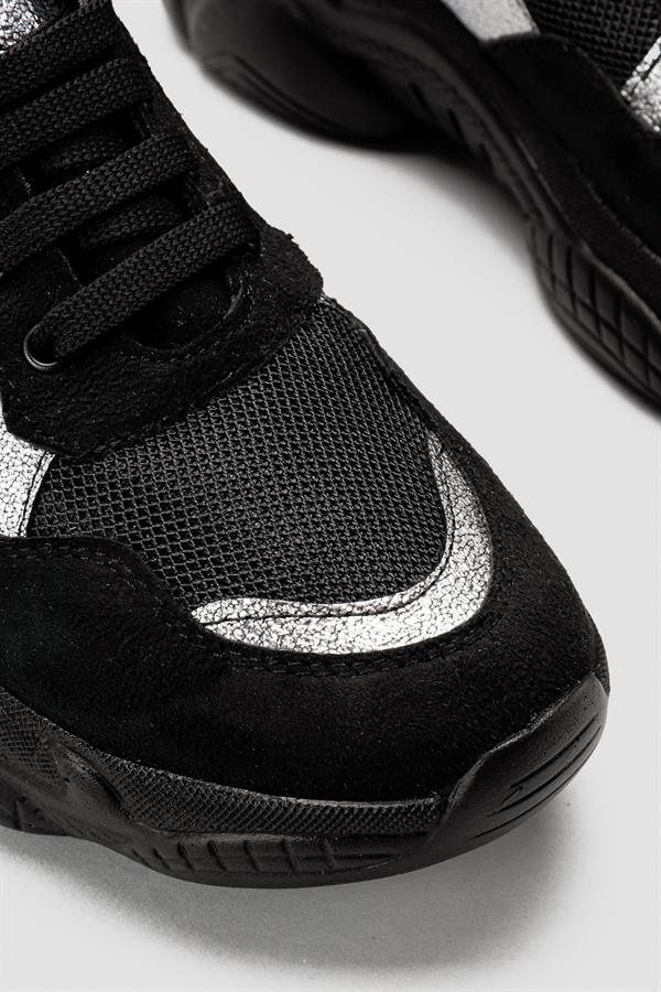 Sabella Siyah-Gümüş Yüksek Tabanlı Fileli Sneakers Spor Ayakkabı