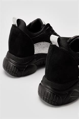 Sabella Siyah-Gümüş Yüksek Tabanlı Fileli Sneakers Spor Ayakkabı