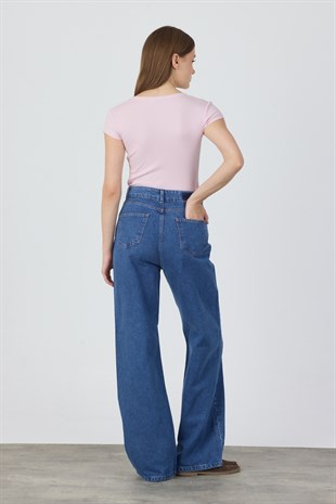 %100 Pamuk Taşlamasız Wide-Leg Jean - İndigo Mavi