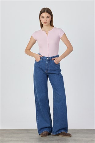 %100 Pamuk Taşlamasız Wide-Leg Jean - İndigo Mavi