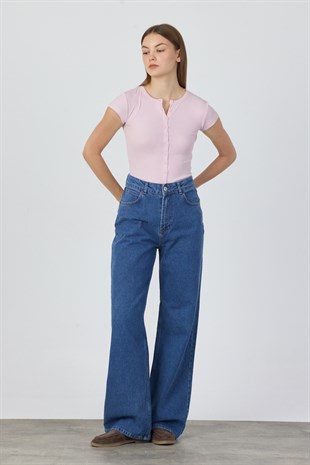 %100 Pamuk Taşlamasız Wide-Leg Jean - İndigo Mavi