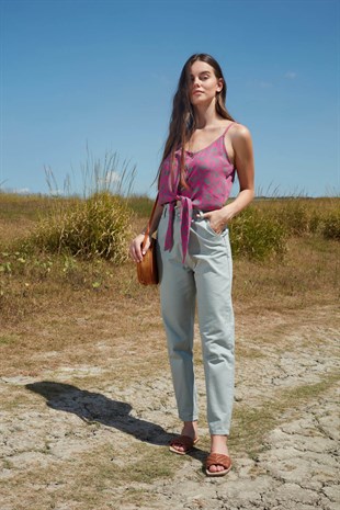 Açık yeşil yüksek belli, beli lastikli pantolon