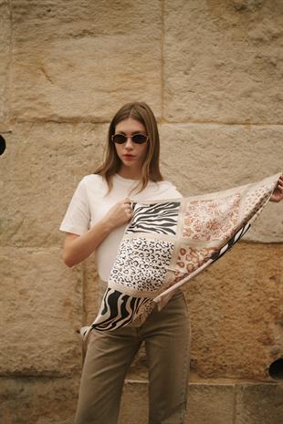 Anime Leopar Desenli Kadın Kahverengi Siyah Krem Rengi Fular