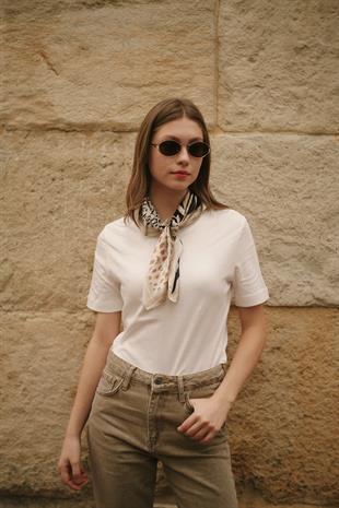 Anime Leopar Desenli Kadın Kahverengi Siyah Krem Rengi Fular