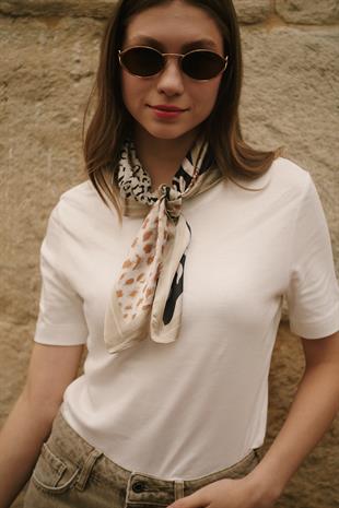 Anime Leopar Desenli Kadın Kahverengi Siyah Krem Rengi Fular