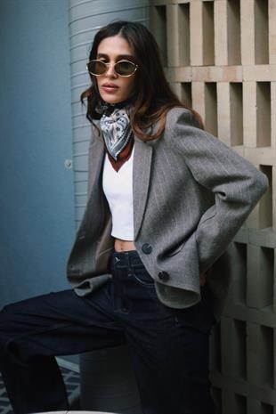 Çizgili Kahverengi Kaşe Blazer Ceket