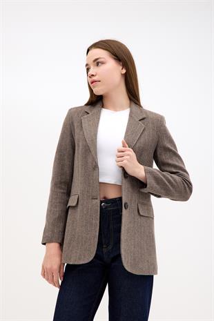 Çizgili Kahverengi Kaşe Blazer Ceket