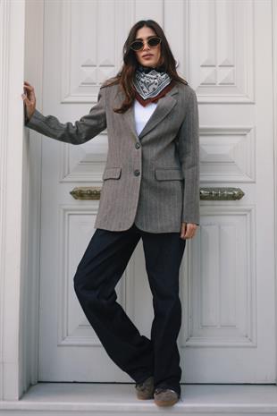 Çizgili Kahverengi Kaşe Blazer Ceket