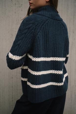 Çizgili Örgü Fermuarlı Kadın Lacivert Beyaz Kazak Hırka Triko Casual