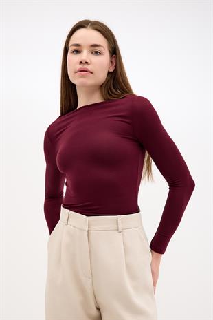 Degaje Kayık Yaka Yanı Büzgülü Pamuklu Bordo Bluz