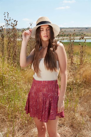 Desenli şort etek - Bordo