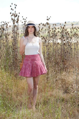 Desenli şort etek - Bordo