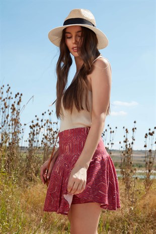 Desenli şort etek - Bordo