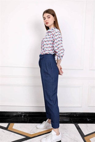 Duble Paça Önü Kruvaze Kumaş Pantolon - Mavi