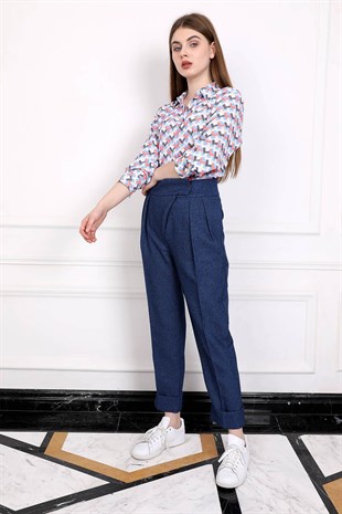 Duble Paça Önü Kruvaze Kumaş Pantolon - Mavi