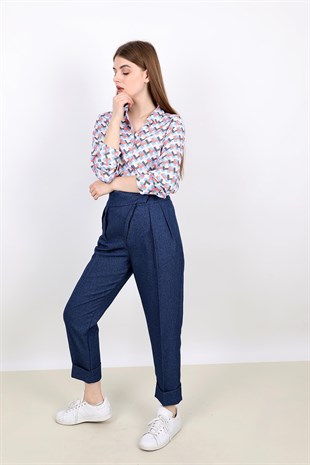 Duble Paça Önü Kruvaze Kumaş Pantolon - Mavi