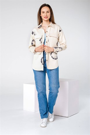 Ekru Batik Desen Kot Görünümlü Cepli Gömlek Ceket