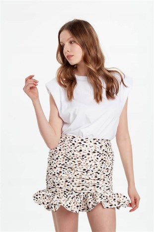 Fırfırlı ekru siyah desenli mini etek